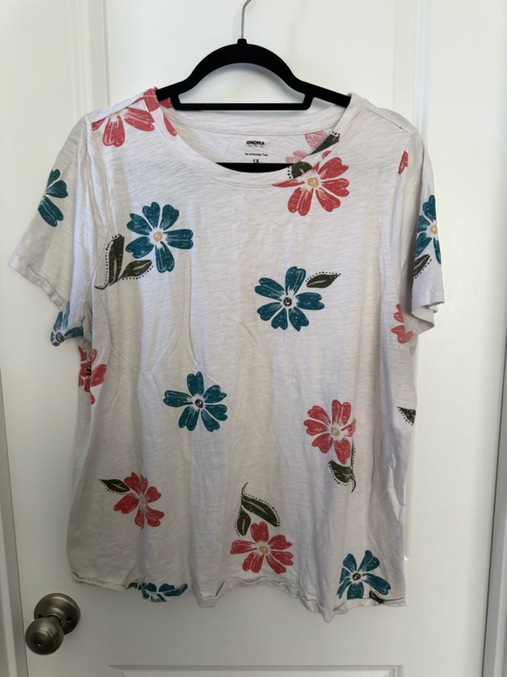 White Floral Tee with Teal and Coral Flowers
